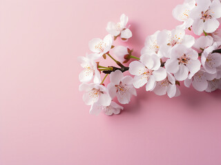 Wall Mural - Spring flat lay setting with white sakura flowers on pink background offers space for text