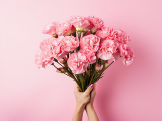 Wall Mural - Close-up of woman offering a bunch of delicate baby pink carnations on bright pink background