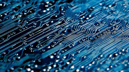 Poster - Close-up of blue circuit board details - Detailed image showing the intricate patterns and pathways of a blue electronic circuit board