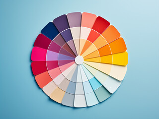 Poster - Bright paper and a color palette arranged on light blue, top view