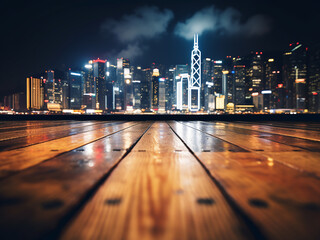 Wooden floor, blurred city lights, night in Hong Kong downtown