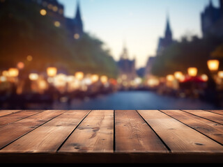 Poster - A lively cityscape blurs in the background behind an empty wooden table