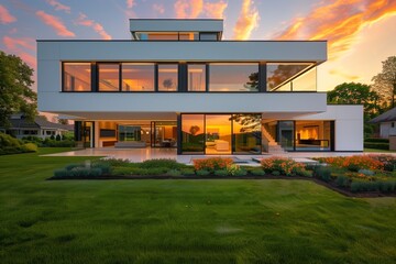 : A modern house with clean, minimalist lines, featuring large floor-to-ceiling windows reflecting a picturesque sunset, 