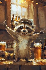 Wall Mural - character, raccoon, cute, funny, Oktoberfest, glass of beer
