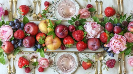 Wall Mural -  Fruits and Flowers on Gold Utensils and Plates