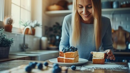 Wall Mural -   A woman slicing cake on a white plate with blueberries on top