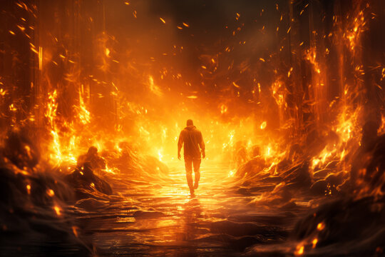 A man is walking through a tunnel of fire, surrounded by flames. The intense heat and flames create a striking image of danger and intensity in this fiery setting