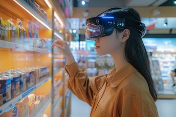 Wall Mural - Young Woman Shopping with Augmented Reality Glasses in a High-Tech Store