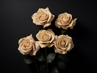 Wall Mural - Dark background hosts five beige roses, offering copy space