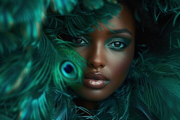 Wall Mural - Portrait of pretty black woman with emerald green feathers.