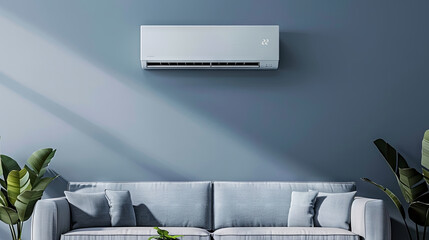 Air conditioner on a blue wall above the sofa and indoor plants