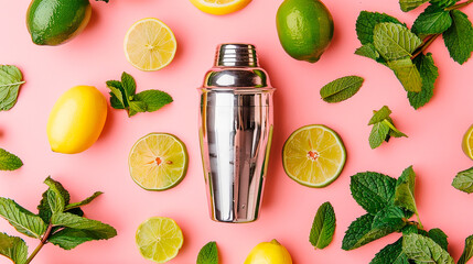 Poster - A silver shaker with a lime and lemon inside it is surrounded by green leaves