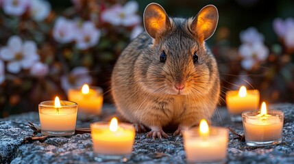   A rodent in front of candles with pink and white flowers