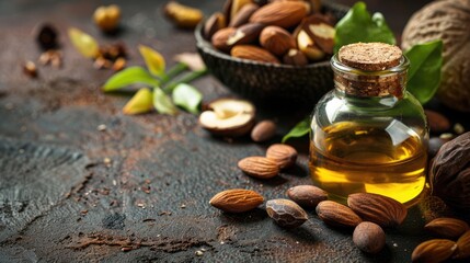 Wall Mural - Brazil nut essential oil close-up. Selective focus