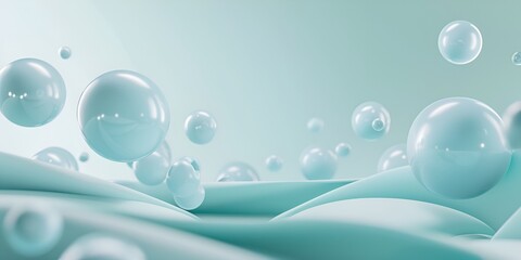 Poster - 3D render of turquoise spheres floating in the air, creating an abstract background with soft shapes and soft edges

