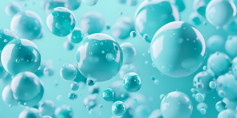 Poster - 3D render of turquoise spheres floating in the air, creating an abstract background with soft shapes and soft edges
