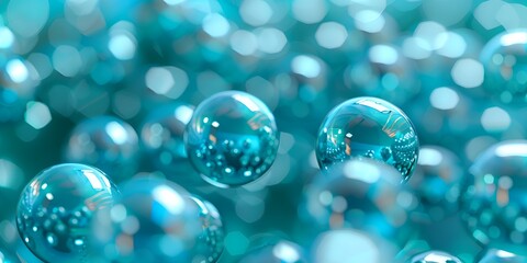 Poster - abstract background with many turquoise spheres floating in the air, 3D rendering, high definition, high resolution in the style of hd 

