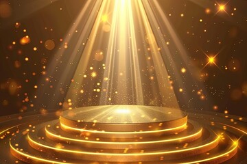 Round cylinder platform gold podium on dark background with smoke. Empty pedestal for award ceremony. Platform illuminated by spotlights.	
