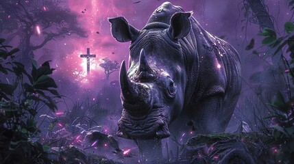 Wall Mural -   Rhino standing in forest with cross beyond frame