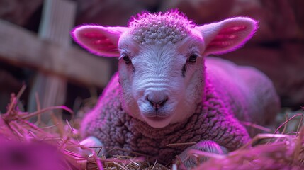 Wall Mural -   Close-up of sheep lying in haystack with pink light illuminating its face