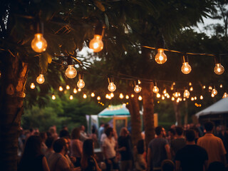 Poster - A festive crowd fills a garden at night, their presence blurred against hanging lights