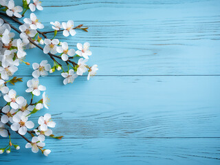 Wall Mural - Greeting card design with cherry blossoms on a rustic blue backdrop