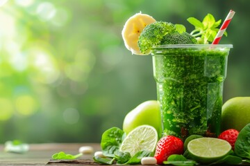 A green smoothie in a plastic cup with straws and fruit on a wooden table