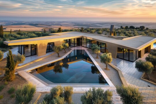 : A chic modern villa with a unique L-shaped design, surrounding a central courtyard with a sleek infinity pool, set in a Mediterranean landscape with olive trees and distant hills.