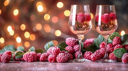   A close-up of two wine glasses holding raspberries against a backdrop of warm light