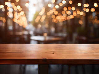 Poster - Showcase your products on a wooden table against a caf? backdrop