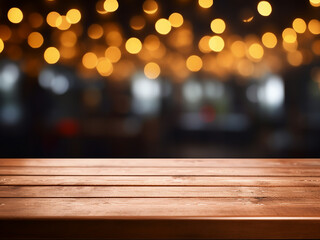 Poster - Showcase your goods on a wooden table with a coffee shop or soft drink bar blur