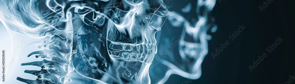 Detailed X-ray image of a human skull and cervical spine showcasing ...