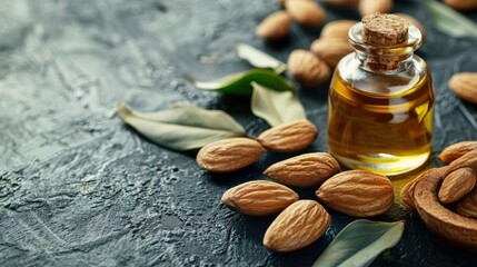 Poster - almond essential oil. Selective focus