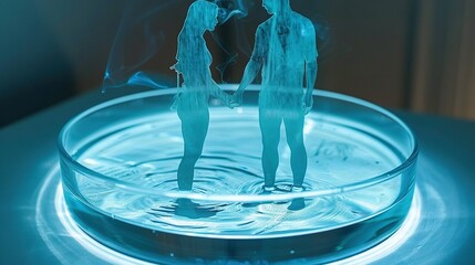   A group of two individuals submerged in a pool of water with visible steam emanating from their faces