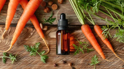 Wall Mural - carrot essential oil close-up. Selective focus