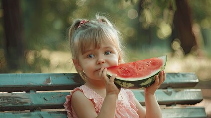 Wall Mural - little girl eats watermelon. Selective focus