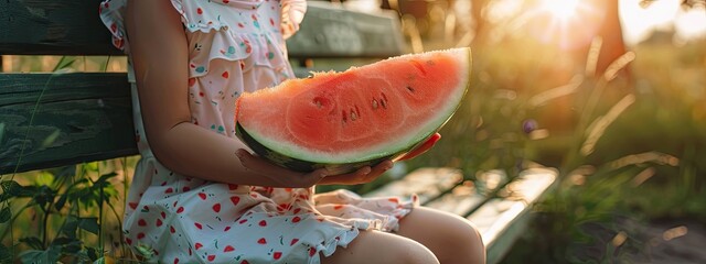 Wall Mural - little girl eats watermelon. Selective focus