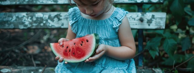 Wall Mural - little girl eats watermelon. Selective focus