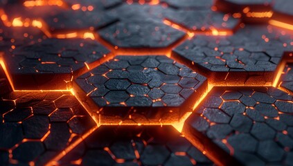 Poster - 3d render of dark hexagon abstract background with glowing cracks, glowing orange light effect on black wallpaper
