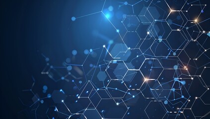 Poster - Abstract technology background with a hexagon pattern and connection lines, depicting a digital network concept for science or medical research in the style of a vector illustration on a dark blue col