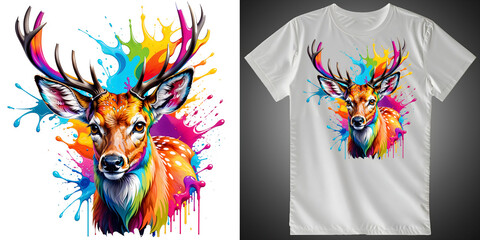 Colorful deer graphic on white background t-shirt