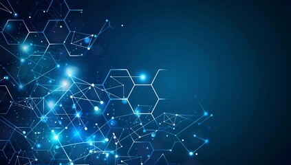 Poster - Abstract technology background with a hexagon pattern and connection lines, depicting a digital network concept for science or medical research in the style of a vector illustration on a dark blue col