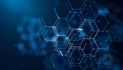 Poster - Abstract technology background with a hexagon pattern and connection lines, depicting a digital network concept for science or medical research in the style of a vector illustration on a dark blue col