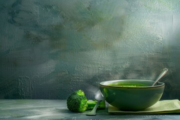 Wall Mural - Broccoli soup and a spoon are presented on a table