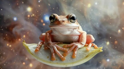 Wall Mural -   A frog perched atop a banana amidst a cosmic canvas of star-studded space and a celestial panorama of stars