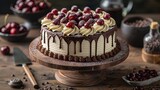 Fototapeta  -   A cherry-topped cake on a chocolate-frosted wooden table with extra cherries