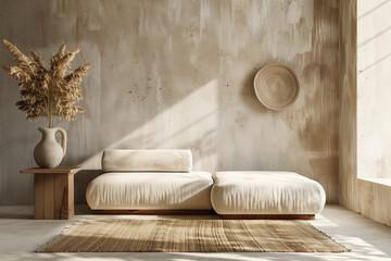 Wall Mural - Warm neutral wabi-sabi style interior mockup with low sofa jute rug ceramic jug side table and dried grass decoration on empty concrete wall background. 3d rendering illustration.