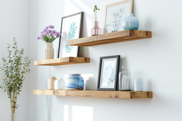 Sticker - Wood floating shelf with frames and vases on white wall. Storage organization for home. Interior design of modern living room.