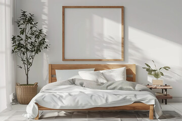 Wall Mural - Wooden bed near white wall with empty mockup poster frame. Interior design of modern bedroom. Created with generative AI