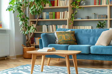 Wall Mural - Wooden coffee table near blue sofa book shelf on the wall. Scandinavian home interior design of modern living room.